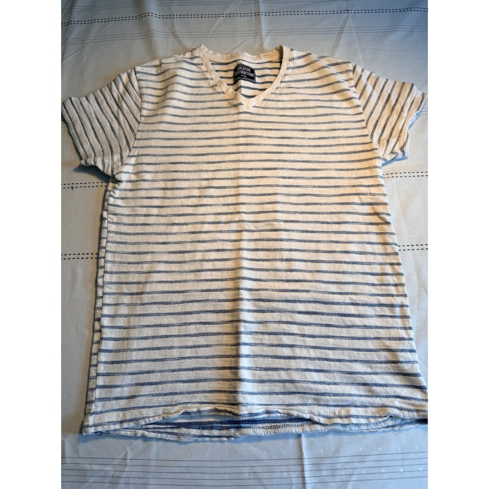 Creative Destruction Womens Striped V-Neck Short Sleeve T-Shirt White Blue‎ Med